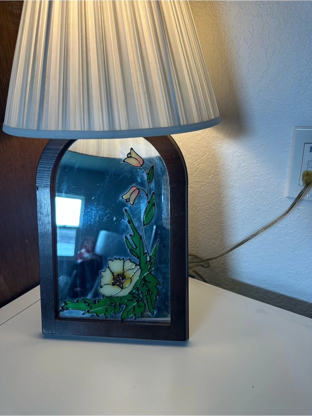 Vintage Hand-Painted Floral Stained Glass Wall Mirror - Green and Cream 13X9